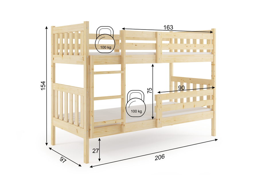 Junior emeletes ágy KACPER 90X200, fenyőfa