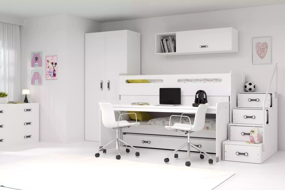 MAX 1 80X200 háromszemélyes ifjúsági ágy íróasztallal, fehér színben