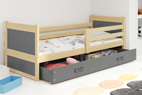 Junior egyszemélyes ágy RICO 80X190 matraccal és fiókkal, fenyő/grafit