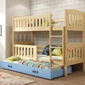 Jacquot 3 üléses tini emeletes ágy 90x190 matraccal és fiókkal, fenyő/kék