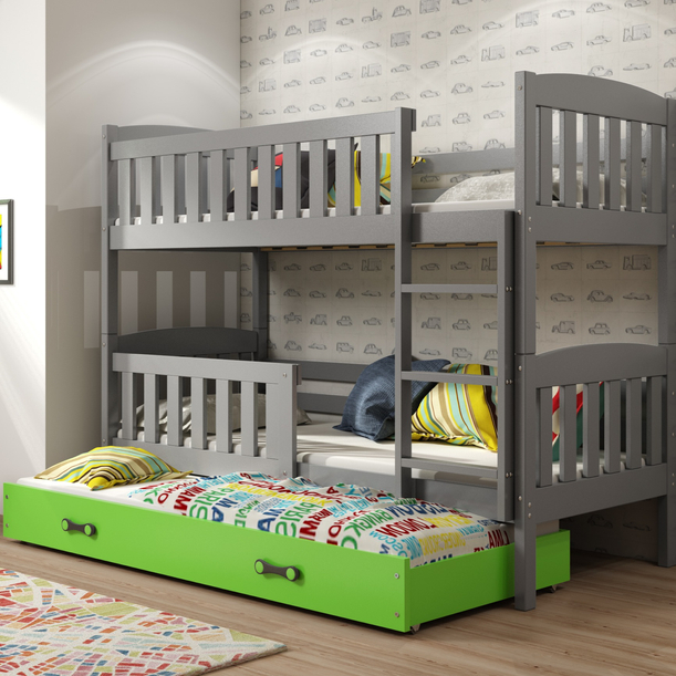 KUBUŚ 90X190 háromszemélyes ifjúsági ágy matraccal és fiókkal, grafit/zöld