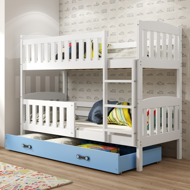 Junior emeletes ágy KUBUŚ 90X190 fiókkal, fehér/kék