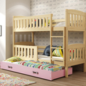 KUBUŚ 90X200 ifjúsági háromszemélyes ágy fiókkal, fenyő/rózsaszín