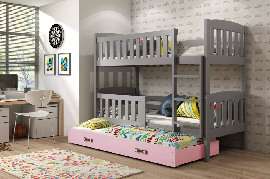 KUBUŚ 90X190 ágy fiókkal, grafit/rózsaszín, háromszemélyes ágy