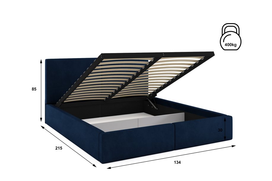 HILTON 120X200 kárpitozott hálószoba ágy, kék, tárolódobozzal