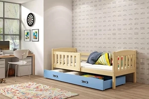 KUBUŚ 80X190 egyszemélyes ifjúsági ágy matraccal és fiókkal, fenyő/kék