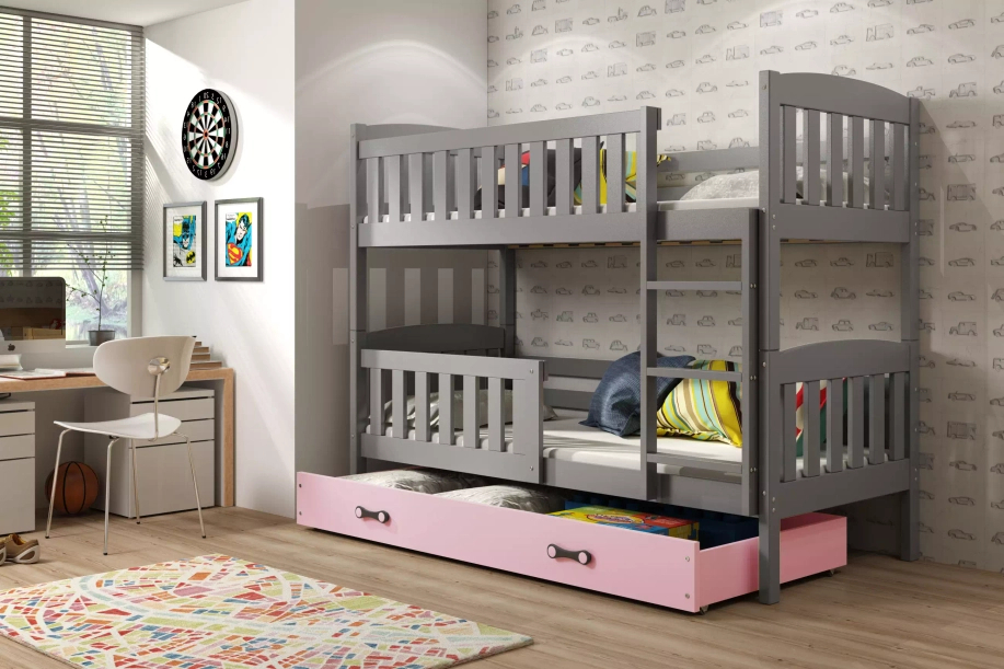 Emeletes ágy KUBUŚ 90X190 fiókkal, grafit/rózsaszín
