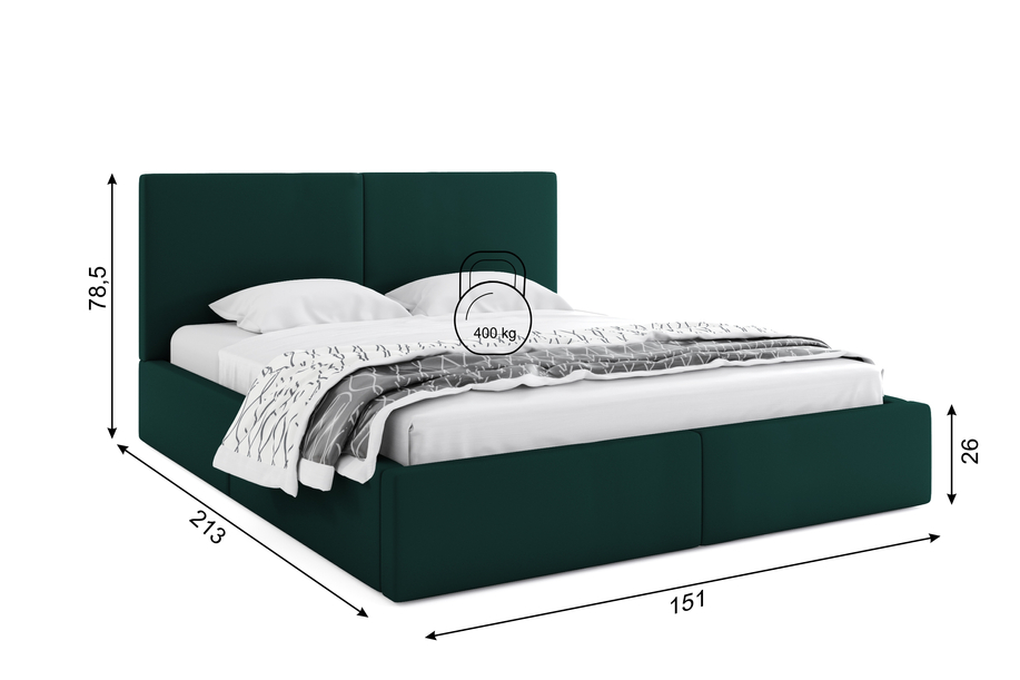 HILTON 140X200 kárpitozott hálószoba ágy, zöld, tárolódobozzal