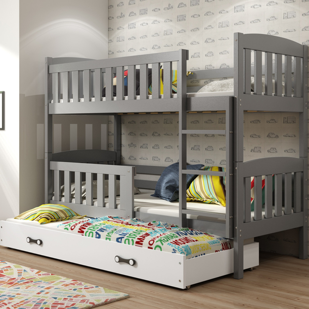 KUBUŚ 90X200 háromszemélyes ifjúsági ágy fiókkal, grafit/fehér