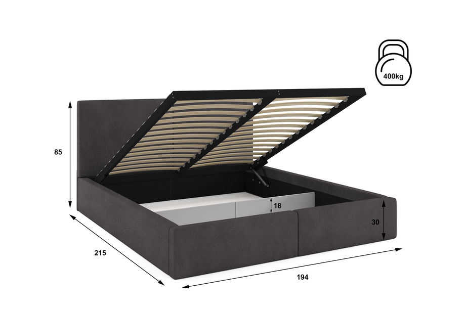 HILTON 180X200 kárpitozott hálószoba ágy, grafit, konténerrel