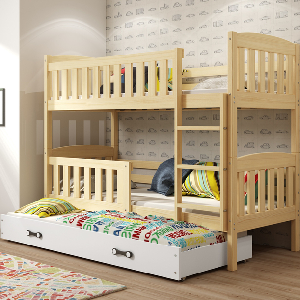 KUBUŚ 90X200 háromszemélyes ifjúsági ágy matraccal és fiókkal, fenyő/fehér