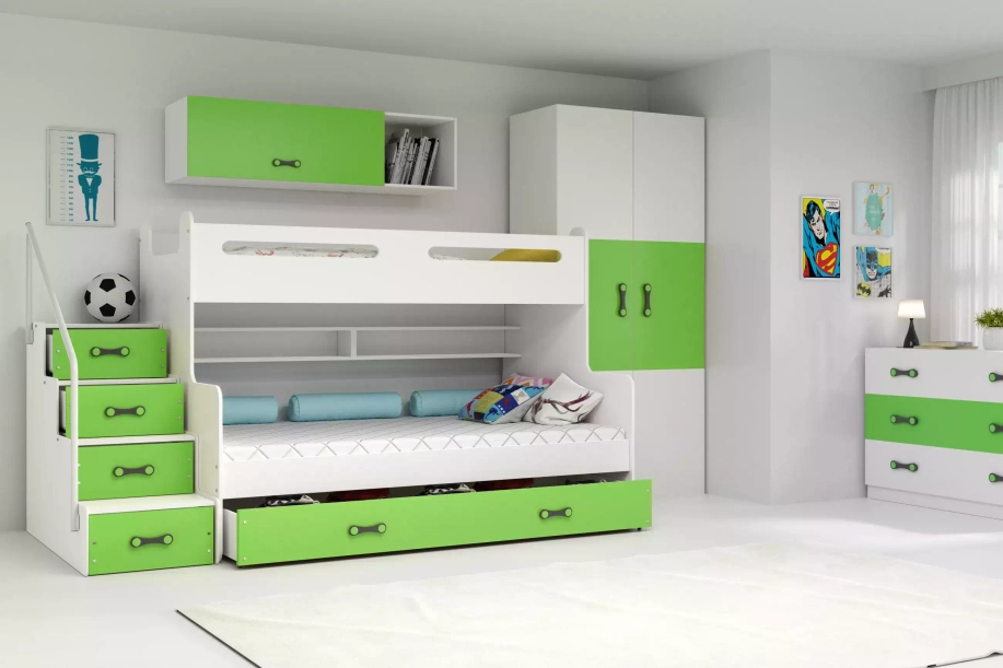 Ifjúsági emeletes ágy MAX 3 120X200 matraccal és fiókkal, zöld színű