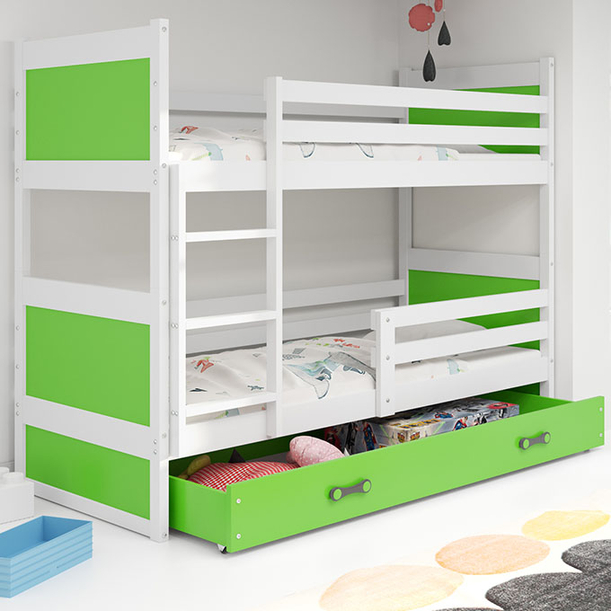 Junior emeletes ágy RICO 90X200 matraccal és fiókkal, fehér/zöld