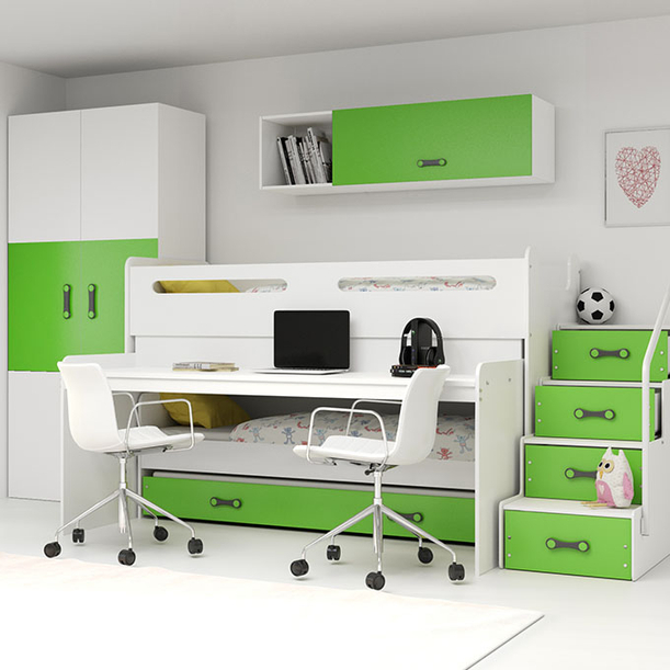 MAX 1 80X200 háromszemélyes ifjúsági ágy íróasztallal, zöld színű