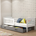 KUBUŚ 90X200 egyszemélyes ifjúsági ágy matraccal és fiókkal, fehér/grafit