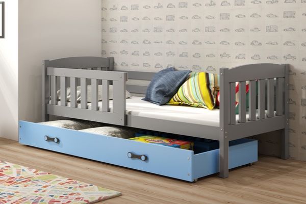 KUBUŚ 90X200 egyszemélyes ifjúsági ágy fiókkal, grafit/kék