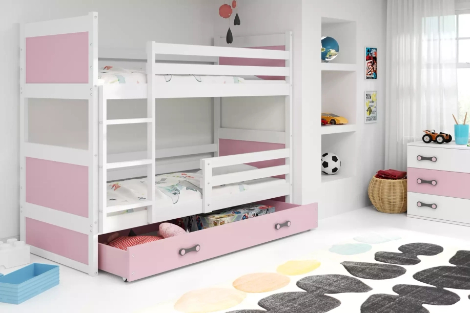 TINI EMELETES ÁGY RICO FEHÉR KERET RÓZSASZÍN PANELEK RÓZSASZÍN FIÓKOS MATRAC NÉLKÜL 90 X 190