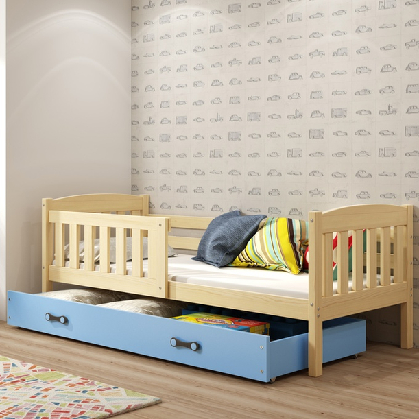 Jacquot egyszemélyes tiniágy 90x190 matraccal és fiókkal, fenyő/kék